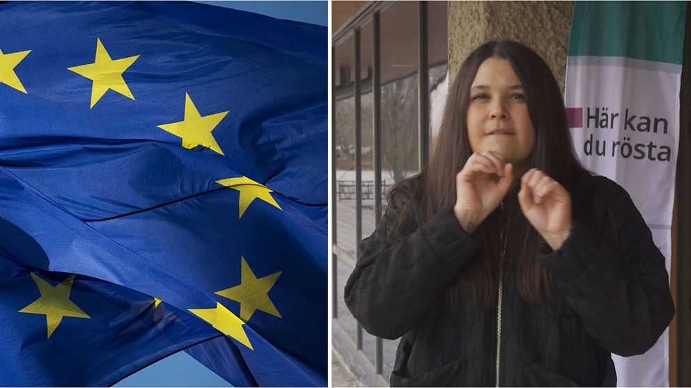 Reportern Antonia står och tecknar ”information” framför en vimpel med texten ”Här kan du rösta”. Till vänster syns en EU-flagga.
