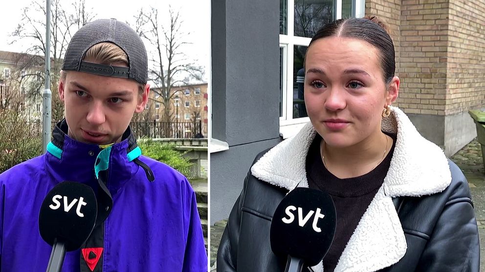 En delad bild som visar två personer som intervjuas utomhus. Den första personen bär en lila jacka med grön detaljer och står i en parkliknande miljö. Den andra personen har på sig en svart läderjacka med en pälskrage och står vid en byggnad med stora fönster. Båda håller i mikrofoner med logotypen för en nyhetskanal.