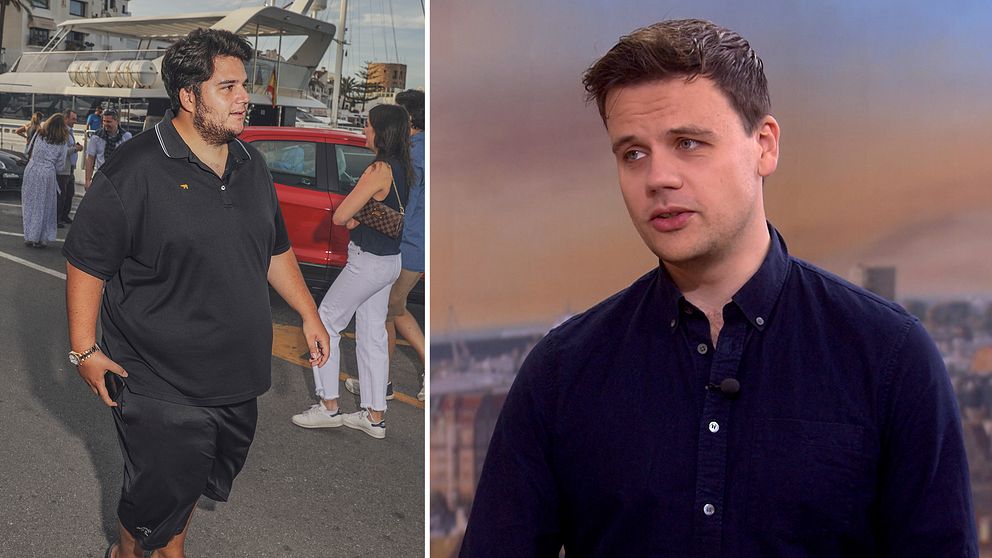 En delad bild som visar två olika scener. Till vänster går en person (Olof K Gustafsson) på gatan bland andra människor, iförd en svart tröja och shorts, med en bil i bakgrunden. Till höger står en annan person (Henning Eklund) framför en neutral bakgrund, iklädd en mörk skjorta och ser rakt in i kameran.