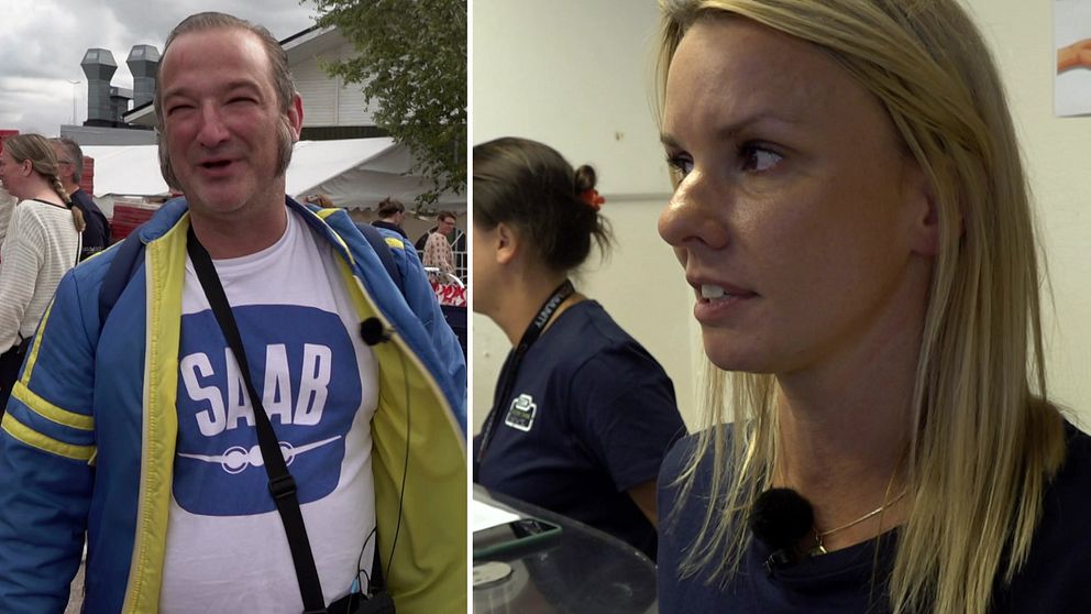 Nevs vd Nina Selander och André Wetterauer vid Saab-prylarnas utförsäljning i Trollhättan