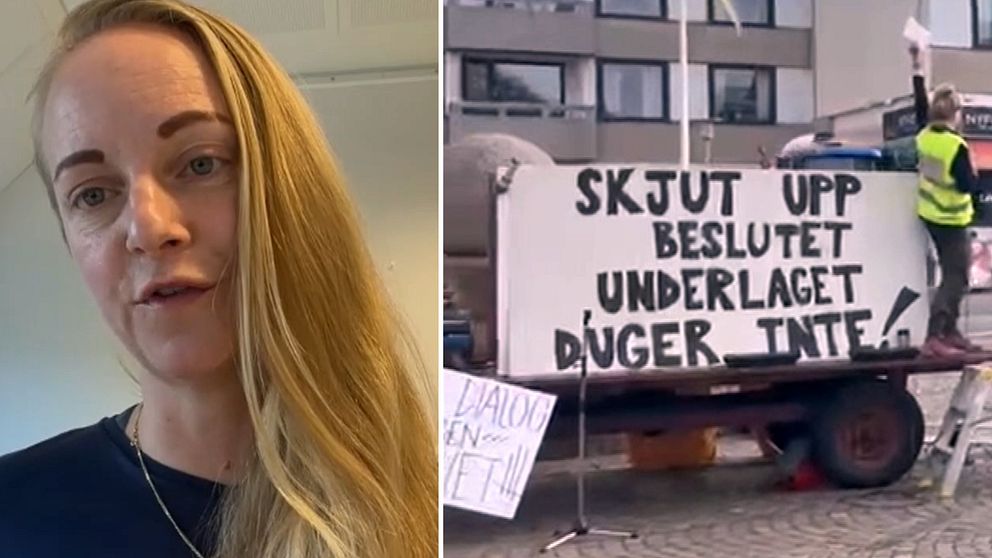 Till vänster syns en person med långt hår, medan höger sida visar en demonstrationsvagn med en stor skylt som har texten ”SKJUT UPP BESLUTET UNDERLAGET DUGER INTE!” i fet stil. En person i reflexväst står bredvid vagnen.