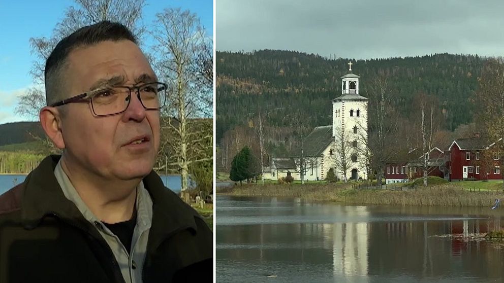 Till vänster visas en person i förgrunden, med en sjö och träd i bakgrunden. Till höger finns en vy av Gärsmarks kyrka vid vattnet, omgiven av höstfärgad skog och byggnader i röd färg.