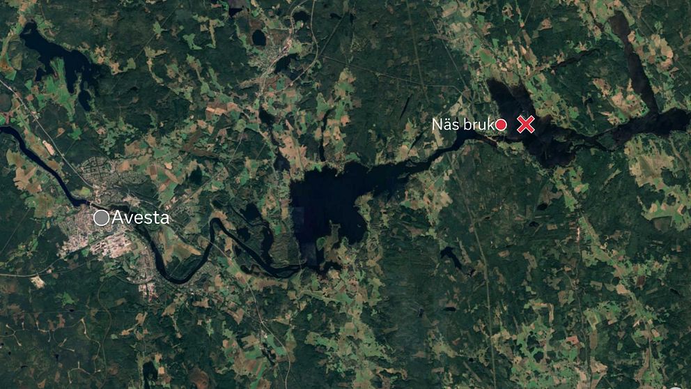 En satellitkarta över Avesta och det närliggande Näs bruk