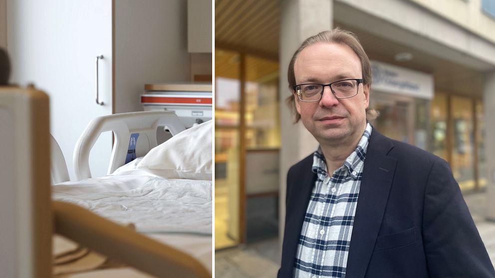 Delad bild: Vänster del visar en sjukhussäng i ett sjukhusrum med någon medicinsk utrustning i närheten. Höger del visar en man i kavaj och rutig skjorta stående utomhus framför en byggnad.