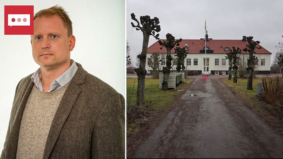 Till vänster: Carl-Henrik Adolfsson, docent i pedagogik. Till höger: Ahlaskolan, i förgrunden ser man allén som leder upp till den vita skolbyggnaden.