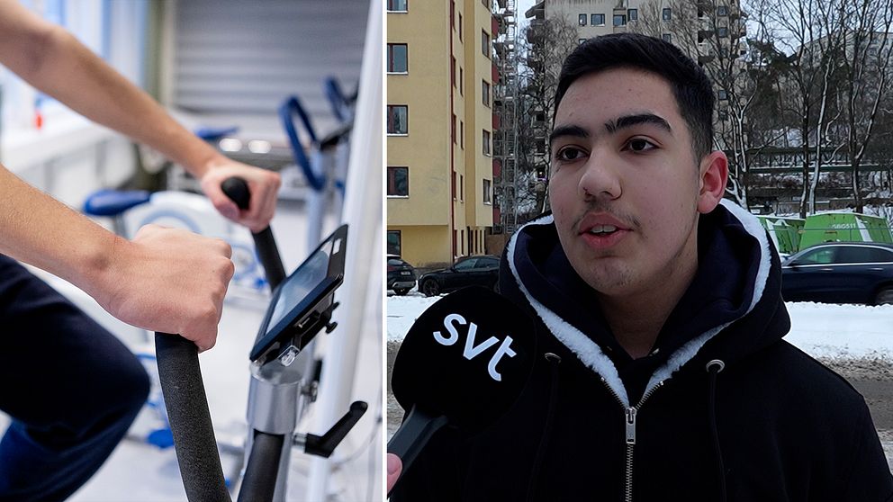 Person som mönstrar och ung kille i utomhusmiljö med svart jacka och mörkt hår.
