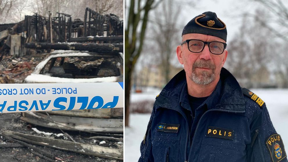 Två bilder. På ena sidan syns en brandskadad byggnad. På andra sidan en man i polisuniform.