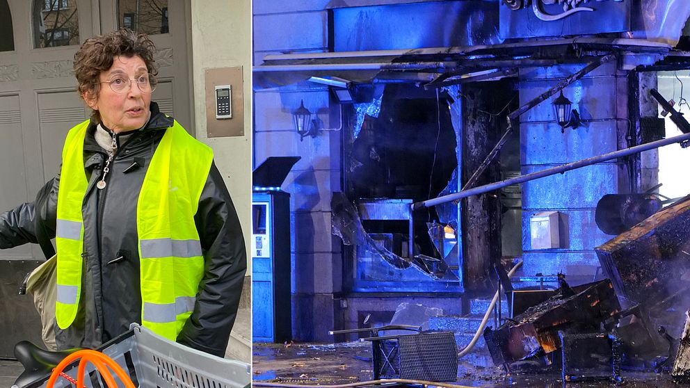 En delad bild med två sektioner: till vänster en person i en gul väst och en svart jacka som står bredvid en kundvagn, till höger en skadad byggnad med förstörda fönster och strukturella skador, belyst i blått ljus, troligen efter en brand eller explosion.