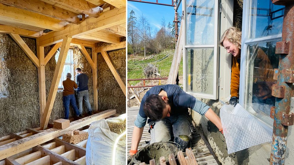 Två personer som bygger ett hus med väggar av halm och lera på Orust.