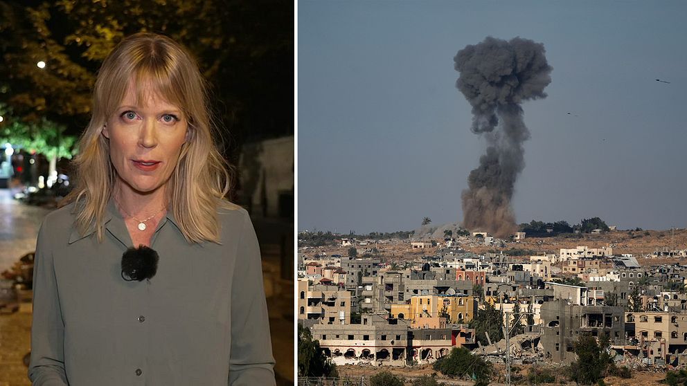 Två bilder. SVT:s Stina Blomgren och rökpelare över Gaza.