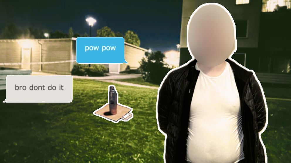 15-åringen står vid platsen där termosbomben placerades, med utdrag ur Discord-chatten.