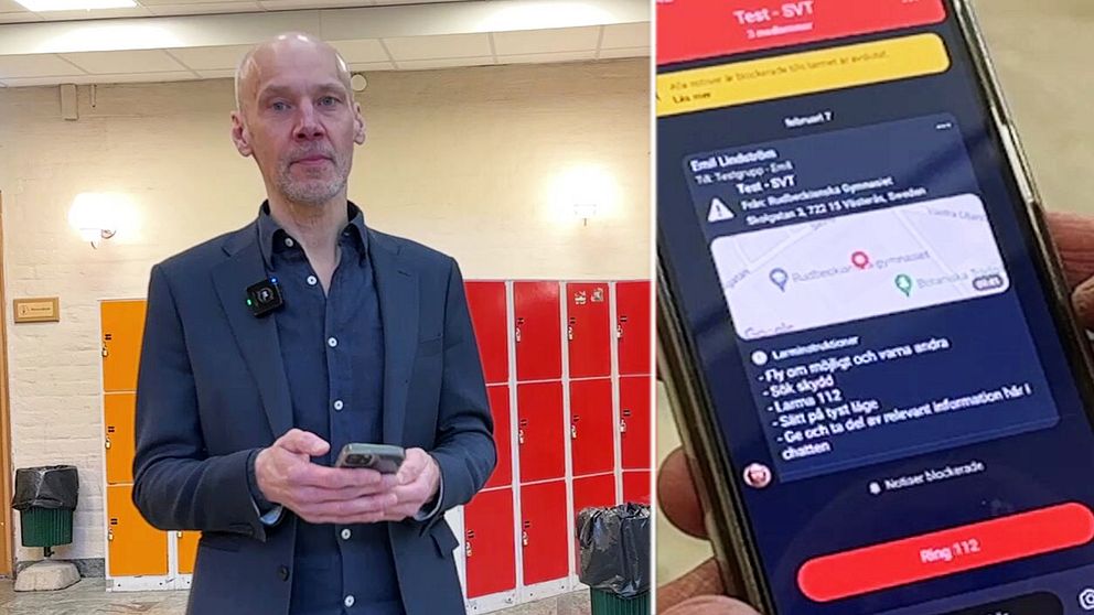 Bilden är delad i två sektioner. Den vänstra sektionen visar en person i en offentlig miljö, klädd i kostym och håller en mobiltelefon. Bakgrunden består av färgglada skåp mot en ljus vägg. Den högra sektionen visar närbild av en mobiltelefonskärm med en app där en varningsmeddelande visas.