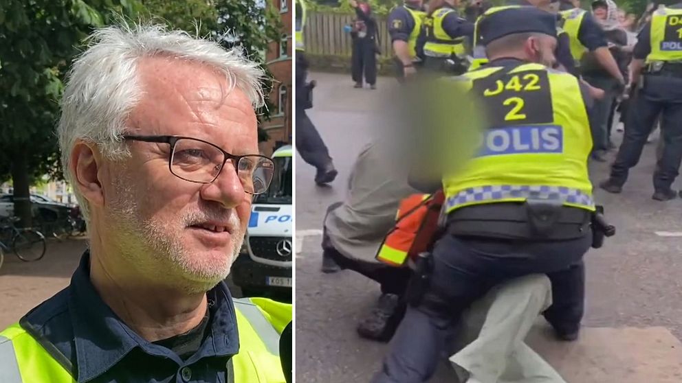 en polisman och en polis som håller fast en demonstrant