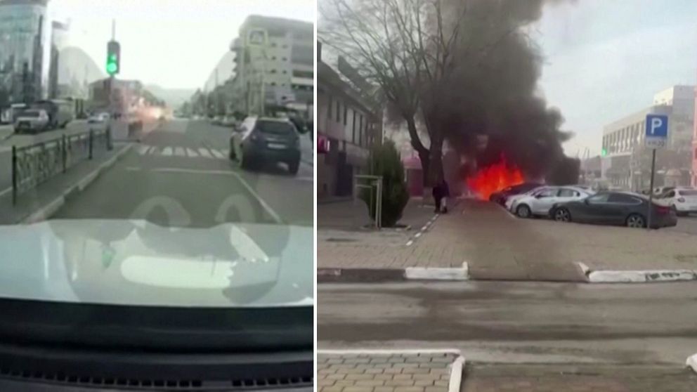En så kallad dashcam fångar explosionen på gatan i Belgorod / till höger brand som följde på attacken.