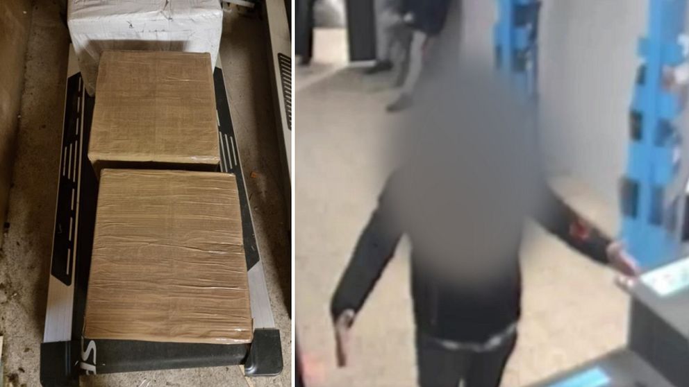 En av männen hämtar ut ett paket i Sundsvall.