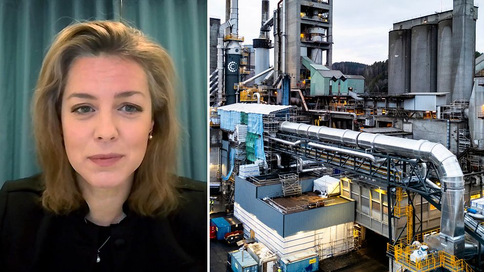 Bild med två sektioner: till vänster Karin Comstedt-Webb, och till höger en stor industriell anläggning i Brevik Norge.