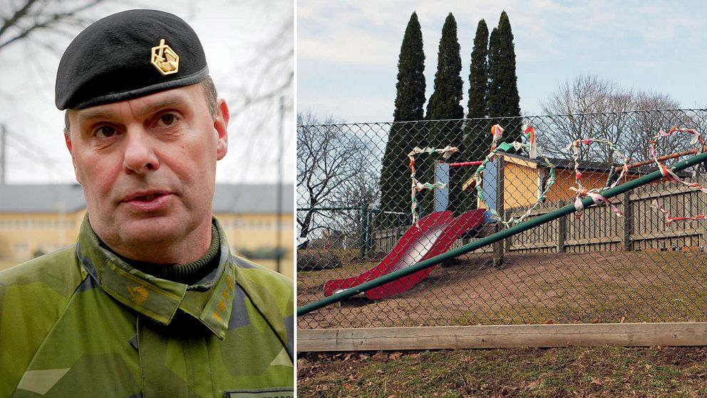 Till vänster: Stefan Pettersson, chef Skaraborgs regemente iklädd militär mundering. Till höger: delar av en lekplats på en förskola.
