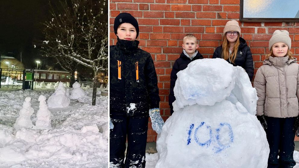 Tvådelad bild: Till vänster syns en snöscen med flera små snögubbar i ett nattbelyst område. Till höger står flera personer vid sidan av en stor snögubbe, där siffran ”100” är skriven med blått på snögubben, framför en tegelvägg.