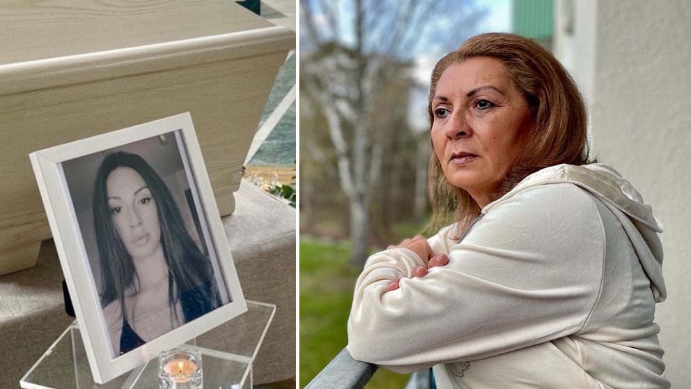 Bild på Nora vid hennes begravning samt en bild på mamman som blickar ut från en balkong.