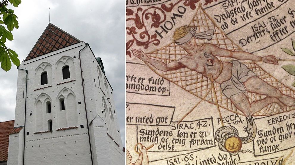 Delad bild. Till vänster: vit kyrkobyggnad. Till höger: närbild på kyrkomålning av Jesus.