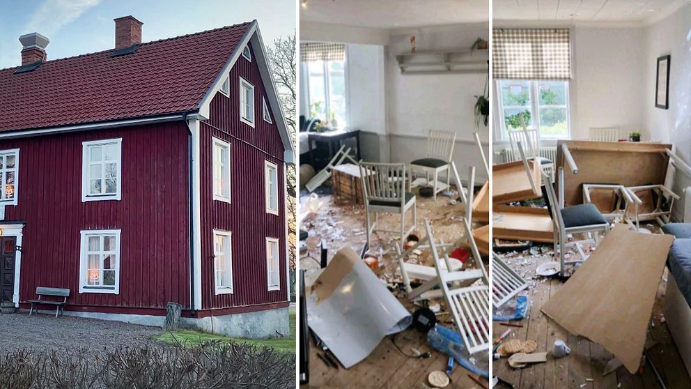 En delad bild visar tre sektioner. Den första sektionen visar den röda träbyggnaden som är HVB-hemmet i Tjällmo utanför Motala med vitputsade fönster och en bänk framför, omgiven av grönska. Den andra sektionen visar en inomhusmiljö med stora fönster där flera vita stolar är omkullvälta och rummet verkar stökigt med skräp och föremål spridda på golvet. Den tredje sektionen visar ett annat inomhusrum med en trasig möbel, uppochnedvända stolar och ett generellt rörigt tillstånd.