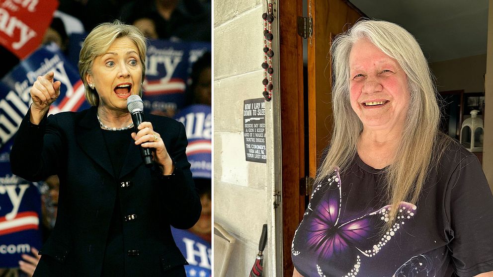 Hillary Clinton och kvinna som intervjuas av Stefan Åsberg i USA.