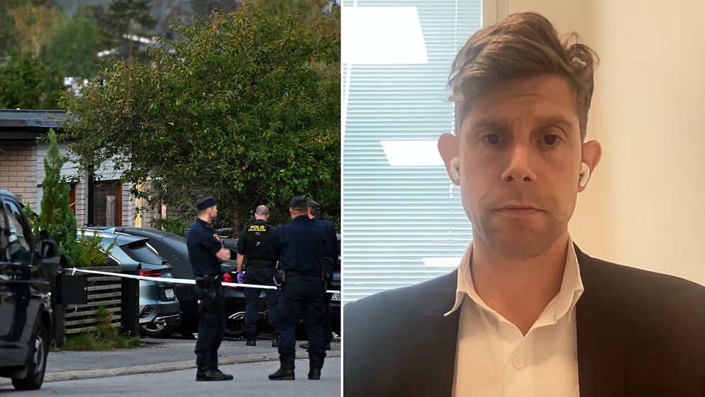 Till vänster syns byggnader och poliser. Till höger är en bild inklippt av Mäklarsamfundets kommunikatör.