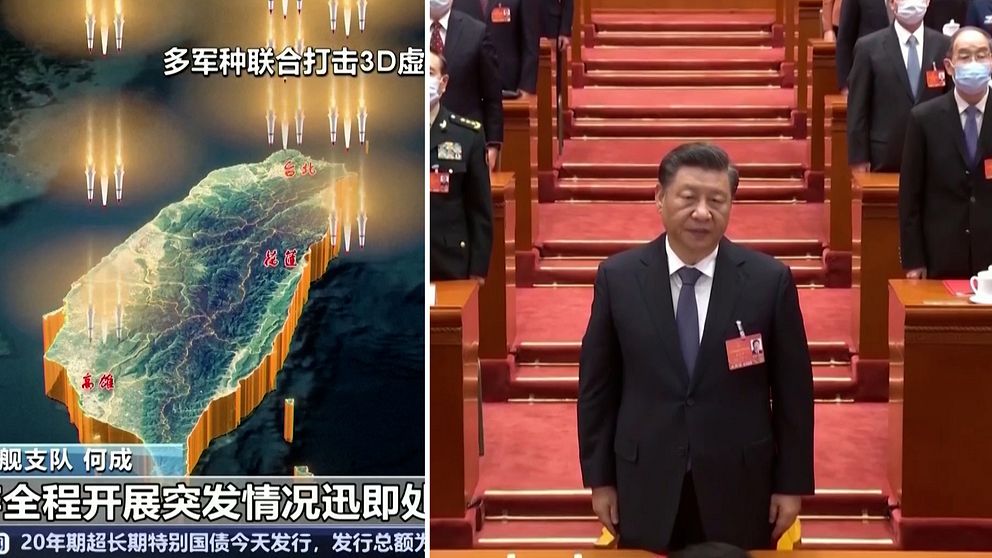 Karta på Taiwan och Xi Jinping.