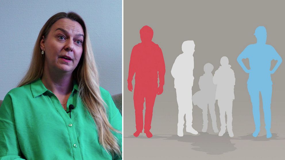 En bild som visar en person i en grön skjorta på vänster sida, som sitter med ett neutralt uttryck. Till höger finns en grafisk illustration med fem silhuetter av personer i olika färger och positioner, vilket skapar en kontrast mellan dem.