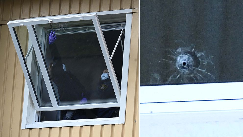 Polis genomför undersökning av skadat fönster, ser ut som skotthål