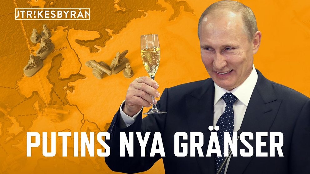 Putin håller upp ett champangeglas och ler stort. I bakgrunden syns delar av en Europakarta.