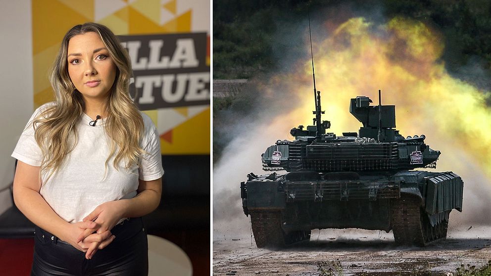 Lilla Aktuellts reporter till vänster och en rysk stridsvagn till höger.