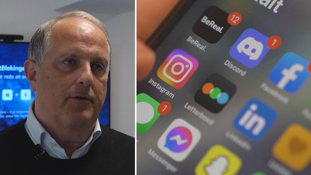 Delad bild. Till vänster: person framför tv-skärm. Till höger: närbild av mobilappar. Fredrik Jenfjord, vd Visit Blekinge