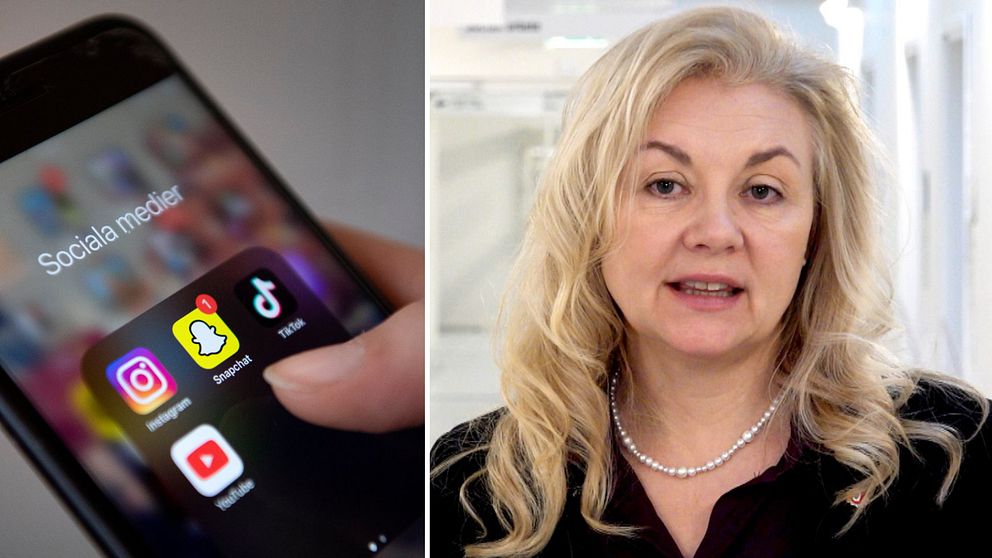Mobil med sociala medier och bild på Susanne Strand, professor i kriminologi vid Örebro