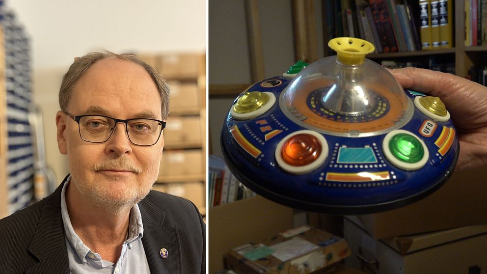 En delad bild som visar två sektioner. Den vänstra sektionen visar en person i en kontorsmiljö med lådor i bakgrunden. Den högra sektionen visar en färgglad leksaksrafran, designad som en rymdfarkost, med flera knappar av olika färger och en genomskinlig kupol högst upp.