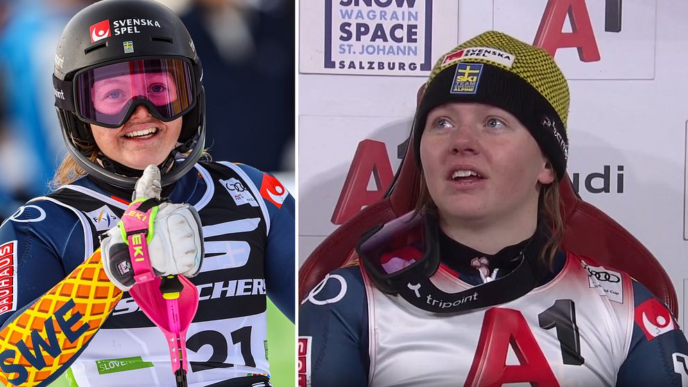 Den delade bilden visar två svenska skidåkare. Den vänstra sektionen föreställer en skidåkare i färgglad tävlingsdräkt som signalerar med handen under en tävling. Den högra sektionen visar en skidåkare i en vit overall som sitter i en poisition för en intervju, med en medalj på bröstet och en guldhjälm.