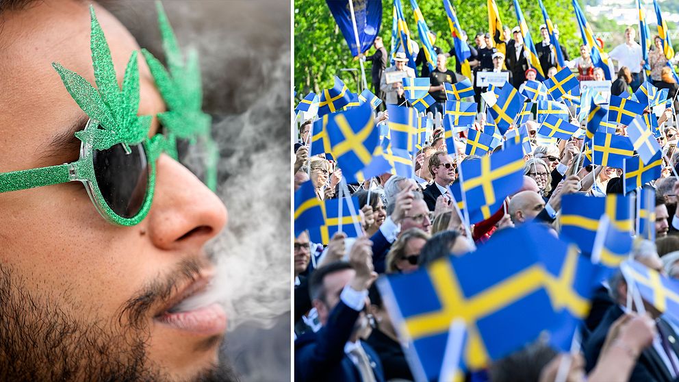 Man som blåser ut rök och en grupp människor som viftar med svenska flaggor.