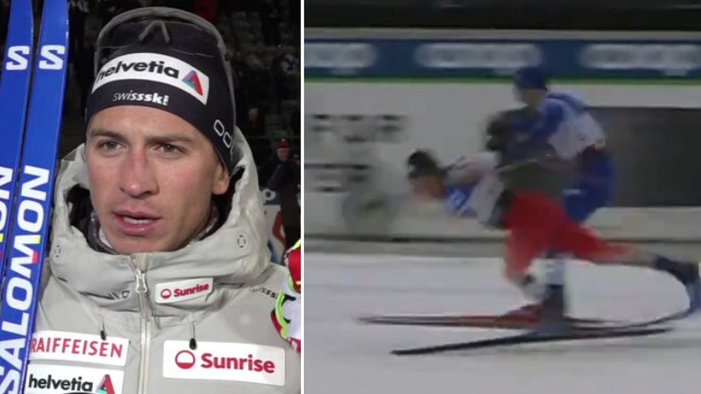 Tvådelad bild. Vänster: skidhjälm med sponsorlogotyper. Höger: två skidåkare kolliderar på spåret.