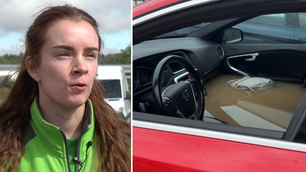 Tindra Backman till vänster  i grön fleecejacka. Till höger är Tindras röda bil som är fylld med vatten.