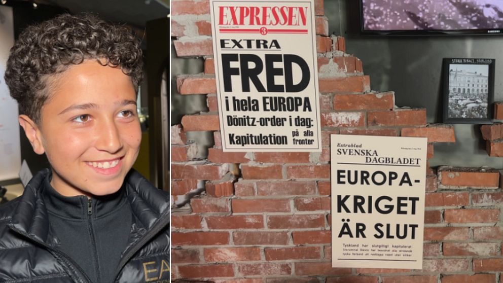 Delad bild. Till vänster: ung kille i jacka. Till höger: murad vägg med historiska tidningsrubriker om fred.