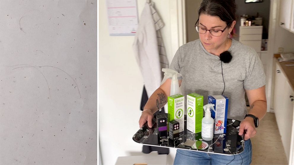 En person bär en bricka med preparat mot huvudlöss.