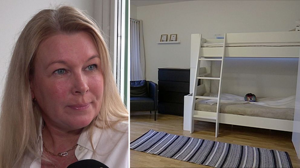 Lehna Stråth, ordförande kvinnohuset Örebro. Till höger bild på ett rum med våningssäng.