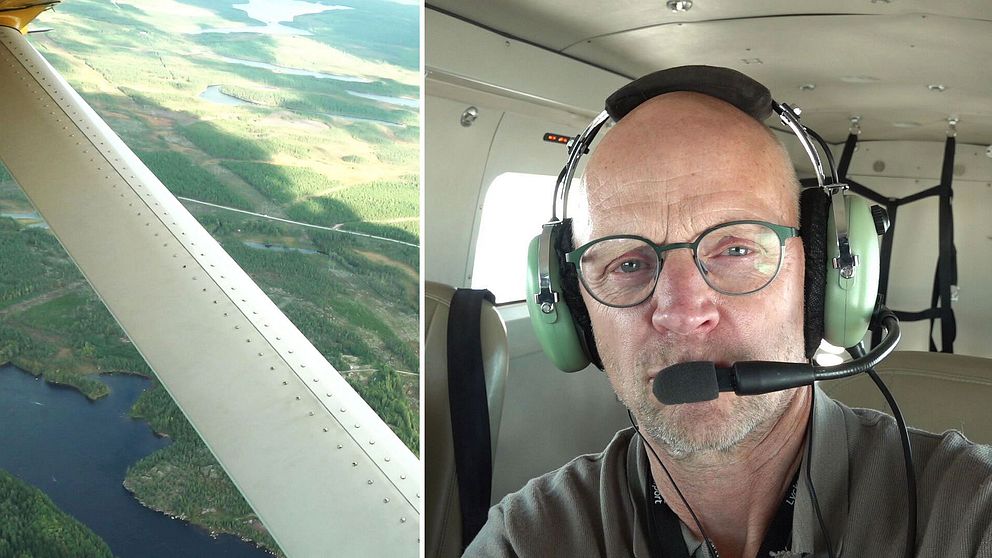 SVT:s reporter Fredrik sitter i ett flygplan. Skogen skannas av flygplanet.