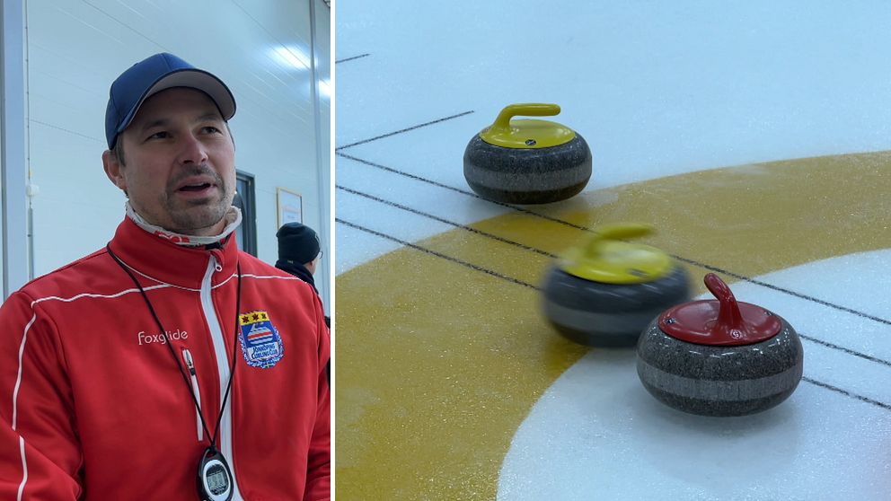 Curlingstenar och en man med keps i en hall