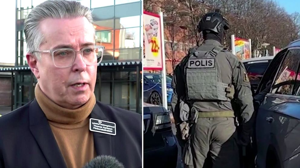 En delad bild med två sektioner. Den vänstra sektionen visar en person (förbundsdirektören Thomas Karlsson) som talar i mikrofon framför en byggnad med fönster. Personen har en namnskylt. Den högra sektionen visar en polis i taktisk utrustning som står bredvid en bil med texten ”POLIS” på ryggen, i en stadsmiljö.
