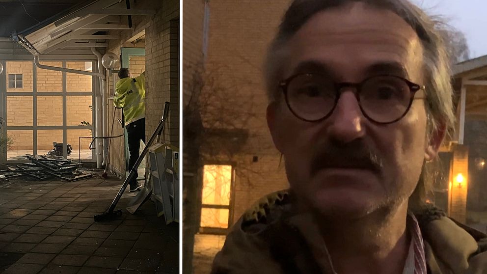 En delad bild som visar två sektioner. Den vänstra sektionen visar en person i gula arbetskläder som städar i en ljus, inredd lokal med avfall som ligger på golvet. Den högra sektionen visar en person utomhus i svagt ljus med en bakgrund av sillhouette-formade byggnader och fönster som är belysta i mörker.