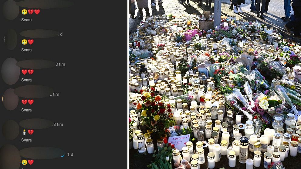 Delad bild: Till vänster visas en skärmdump av en social media-tråd med kommentarer som reagerar med hjärt- och gråtemojis. Till höger ser vi en minnesplats utomhus, fylld med levande ljus och blommor som lagts för att hedra någon som gått bort.