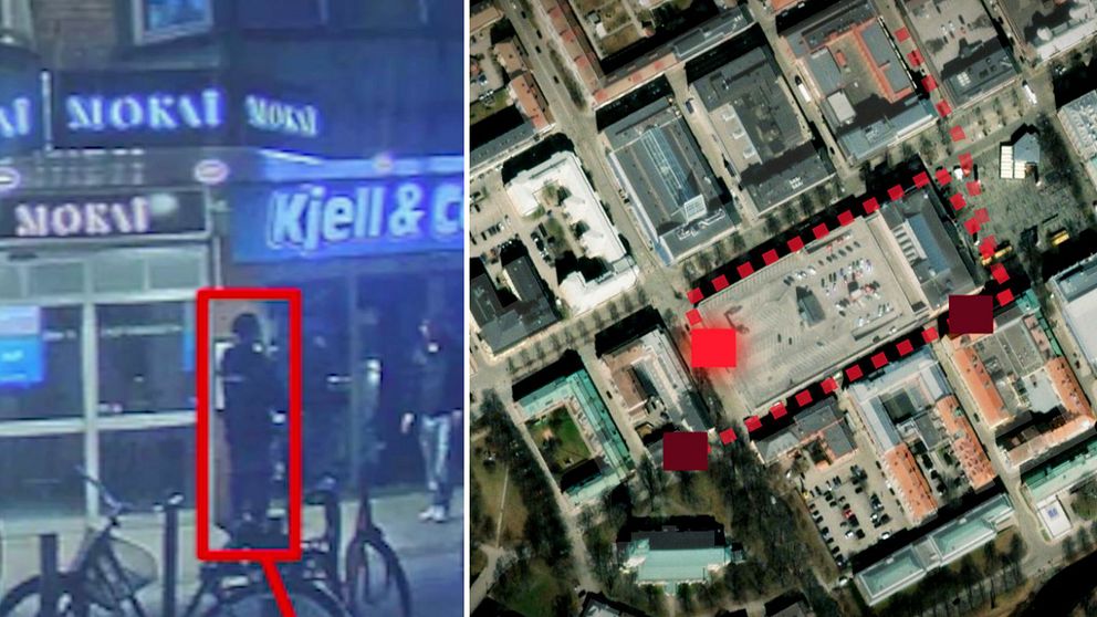 Bild delad i två sektioner. Vänstra sektionen visar en nattscen med en person som står utanför en byggnad med neonskyltar som visar ”MOKAI” och ”Kjell & Co”. Högra sektionen är en satellitbild av ett stadsområde med en utskriven rutt markerad i röd streckad linje som går igenom kvarteren.