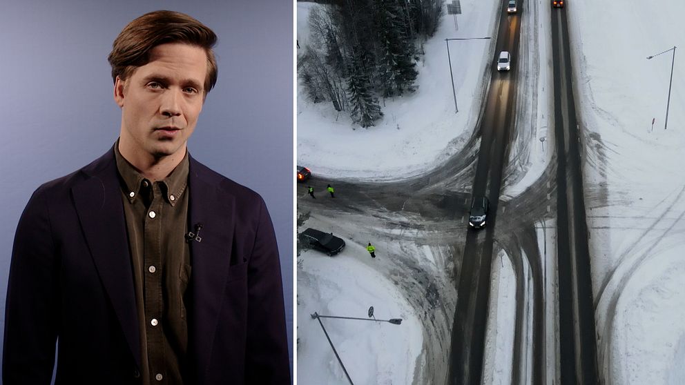 Vänster meteorolog Nils Holmqvist, höger en drönarbild på en väg med bilar i ett snöigt landskap