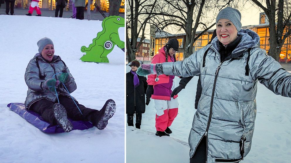 Hannele Sjö och de andra kvinnorna i Strängnäs tantparkourgrupp balanserar på en sandlådekant i en lekpark intill Multeum
